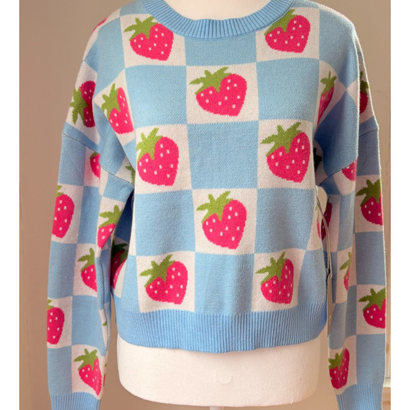 Luna Ivy Strawberry Checkerboard Knit Sweater Blue Pink Y2K Kawaii Pastel S - Picture 7 of 11